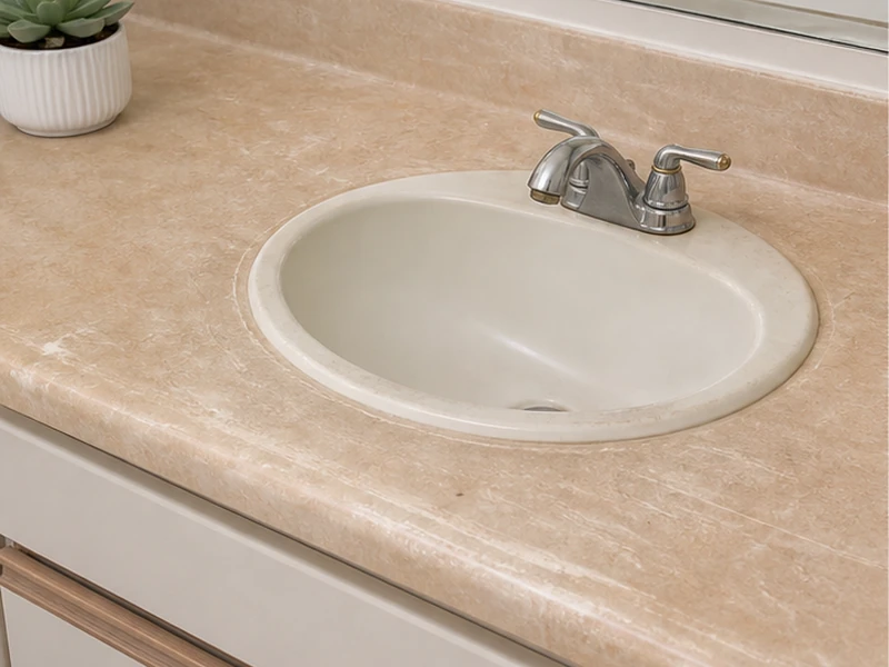 Scratched, faded 1990s laminate bathroom vanity countertop in a Birdland condo before refinishing, Sunnyvale
