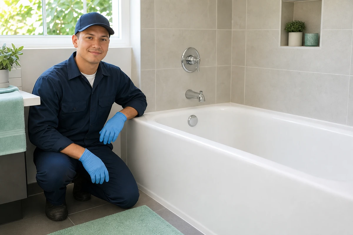 Refinishing technician beside a freshly resurfaced glossy white tub in a Sunnyvale bathroom