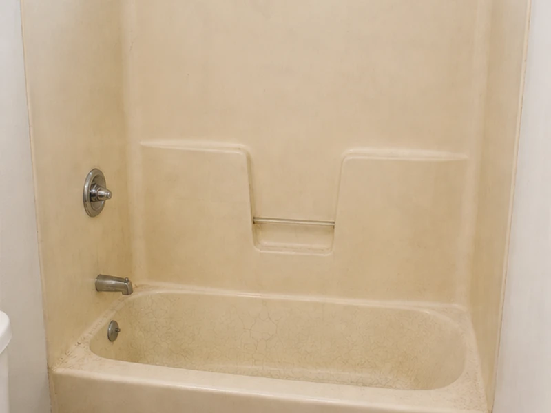Chalky, crazed fiberglass tub and shower combo in a Lakewood apartment before refinishing, Sunnyvale