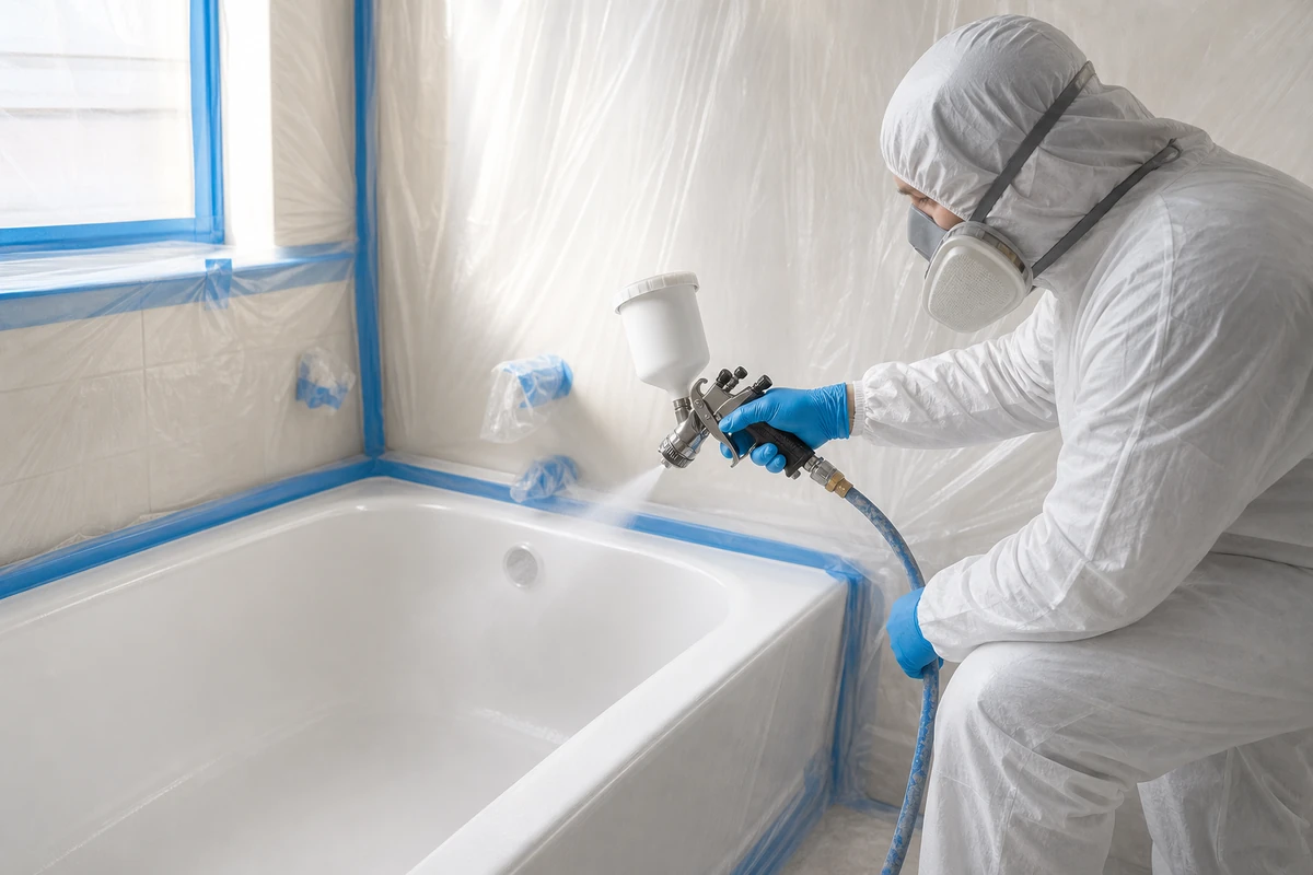 Technician in a respirator spraying an even acrylic-urethane coat onto a bathtub in Sunnyvale
